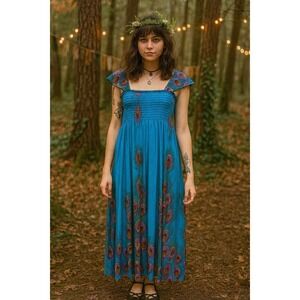 Whimsigoth Fairy Blue Purple Peacock Feather Summer Beach Stretch Maxi M Dress